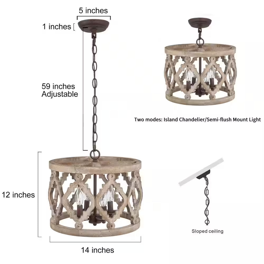 Rustic Bronze Farmhouse Drum Island Chandelier with Solid Wood Cage Shade Classic Candlestick Chandelier 4-Light Pendant