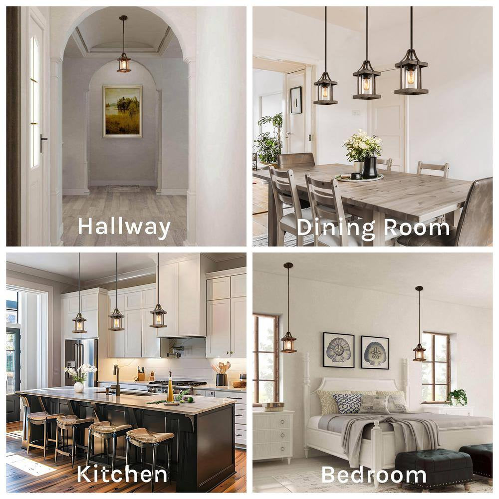 1-Light Rustic Caged Textured Dark Brown Farmhouse Pendant Light with Modern Clear Glass Shade and Antique Wood Accent
