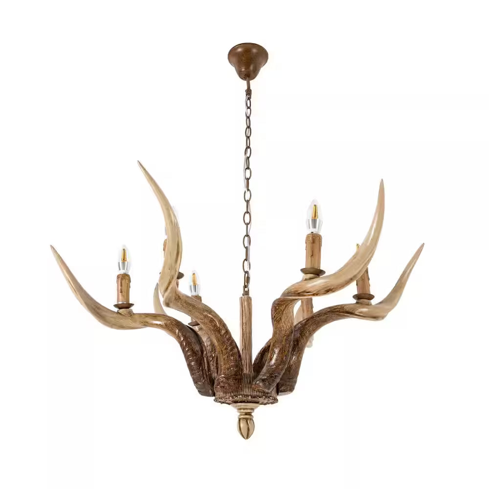 6-Light Brown Vintage Rustic Antler Chandelier with Adjustable Height for Living Room Dining Room, No Bulbs Included
