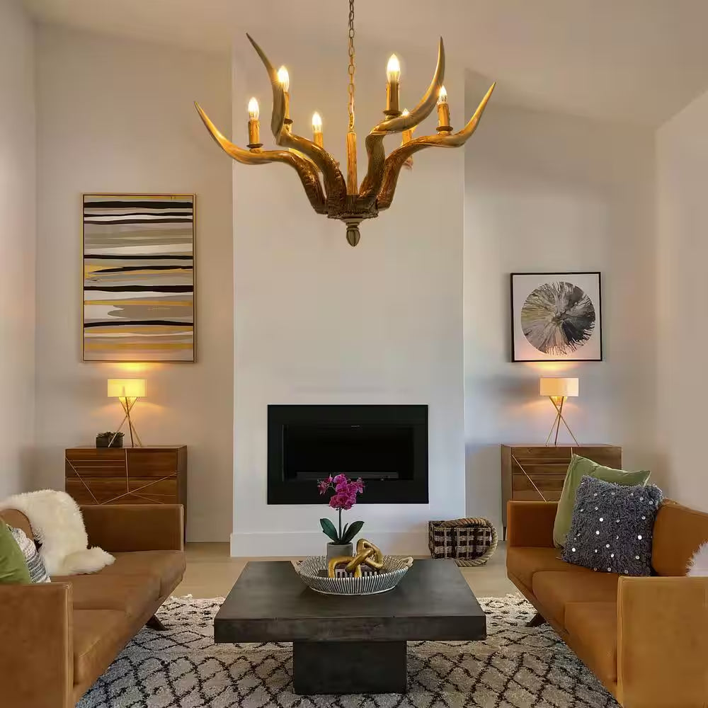 6-Light Brown Vintage Rustic Antler Chandelier with Adjustable Height for Living Room Dining Room, No Bulbs Included