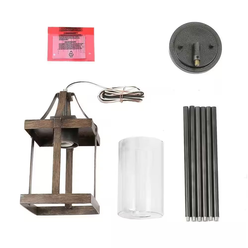 1-Light Rustic Caged Textured Dark Brown Farmhouse Pendant Light with Modern Clear Glass Shade and Antique Wood Accent