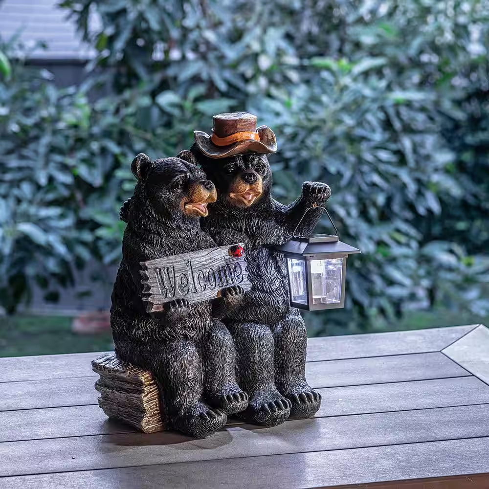 15 In. Tall Outdoor Bear Couple with Lantern and Welcome Sign Statue with Solar LED Light Yard Art Decoration