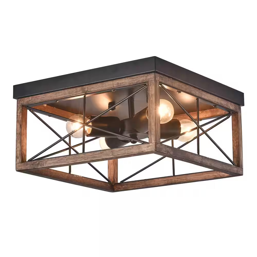 12.6 In. 4-Light Farmhouse Rustic Square Wooden Flush Mount Ceiling