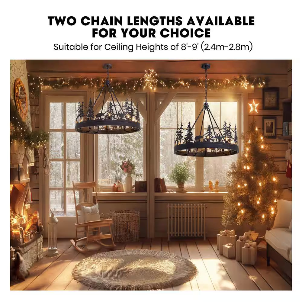Christmas-Themed 30 In. 8-Light Matte Black Farmhouse Chandelier Pendant with Moose and Forest Design for Kitchen Island