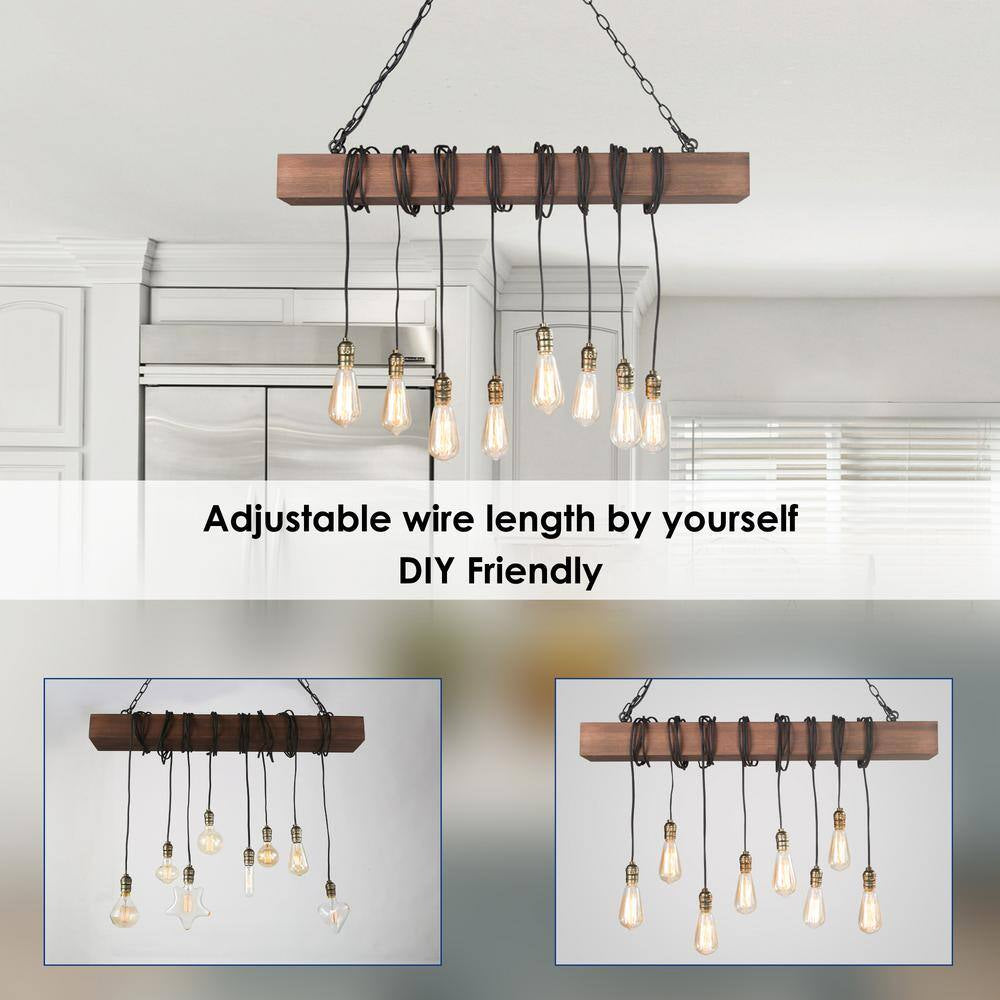 37.5 in 8-Light Farmhouse Black and Wooden Linear Chandelier Rustic Island Pendant for Dining Room, LED Compatible
