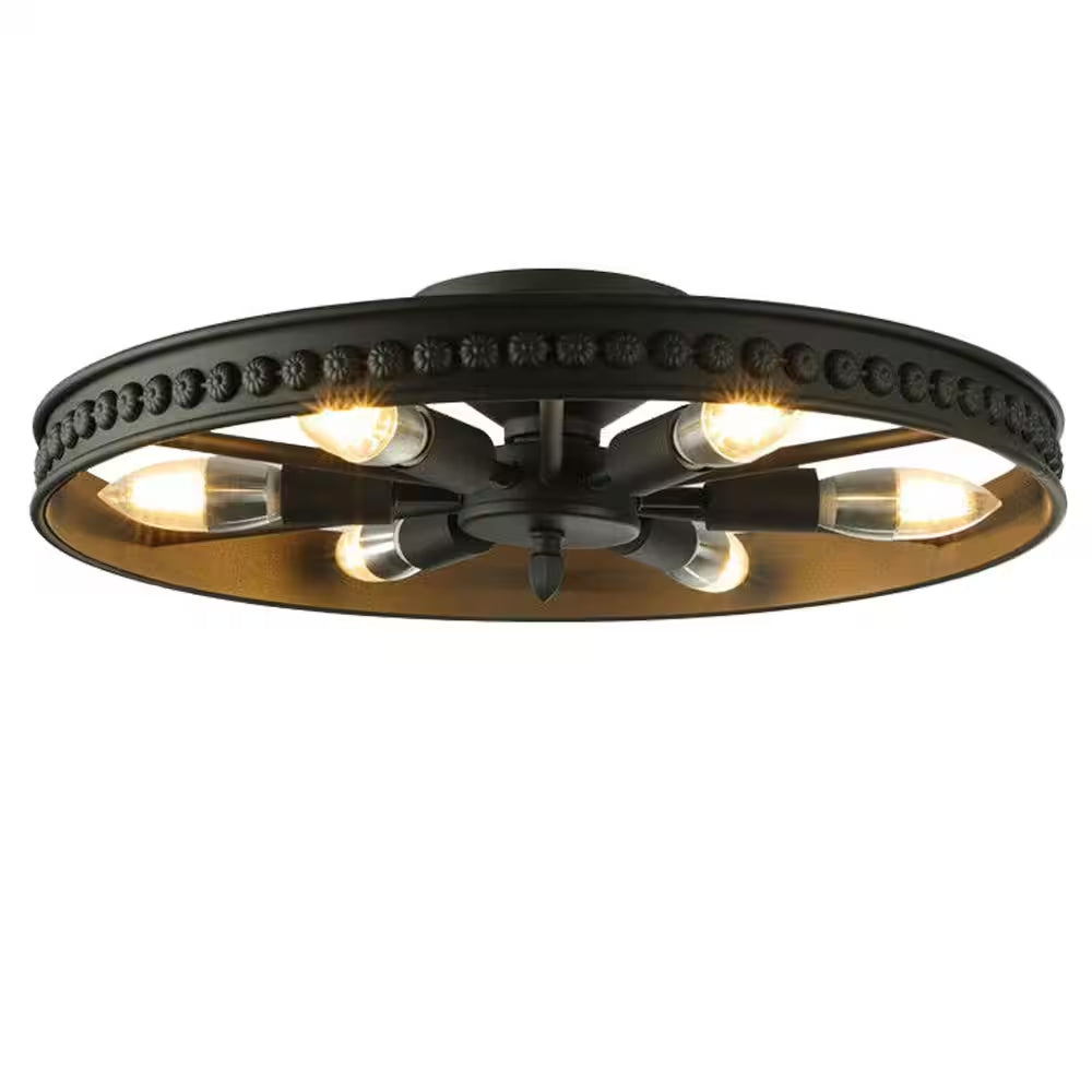 18 In. 6-Light Black Industrial Wagon Wheel Rustic Flush Mount Ceiling Light