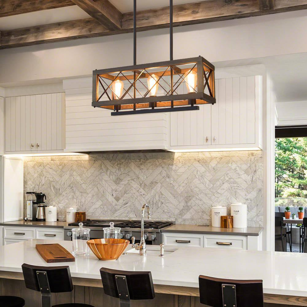 Farmhouse Wood 3-Light Black Chandelier Modern Rustic Linear Rectangle Cage Dining Room Kitchen Island Chandelier