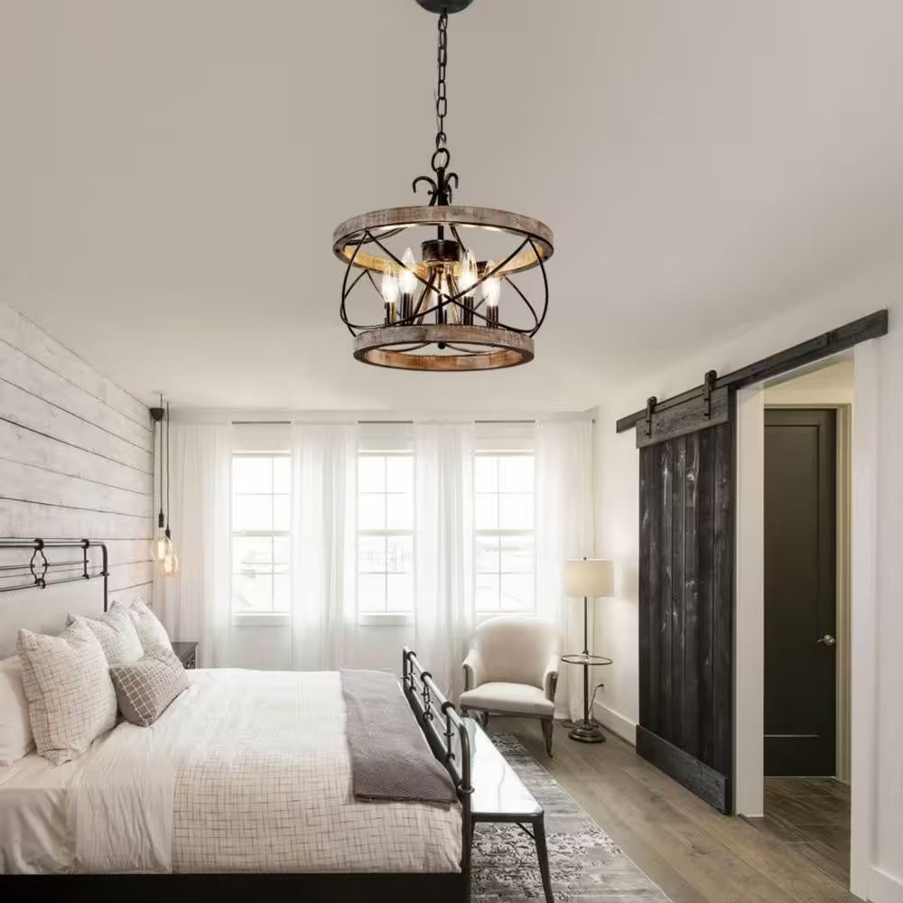 Farmhouse 5-Light Weathered Wood Cage Rustic Chandelier, Adjustable Height Industrial Pendant Dining Room Ceiling Light