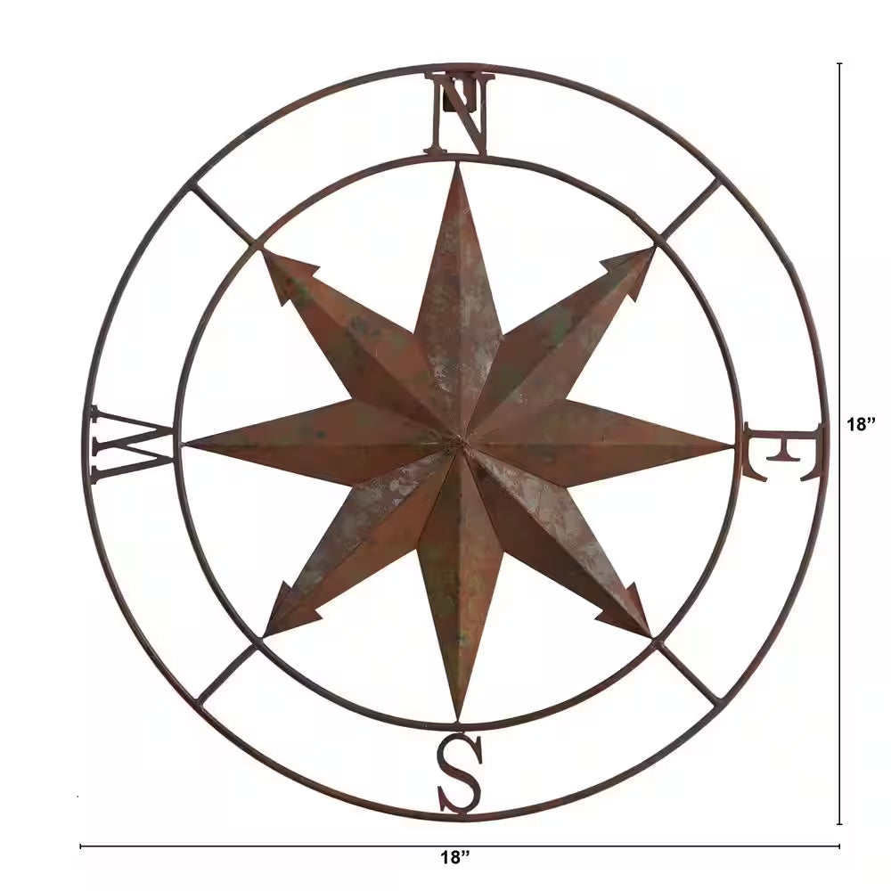 18 In. Rustic Nautical Copper Metal Compass Wall Art Decor