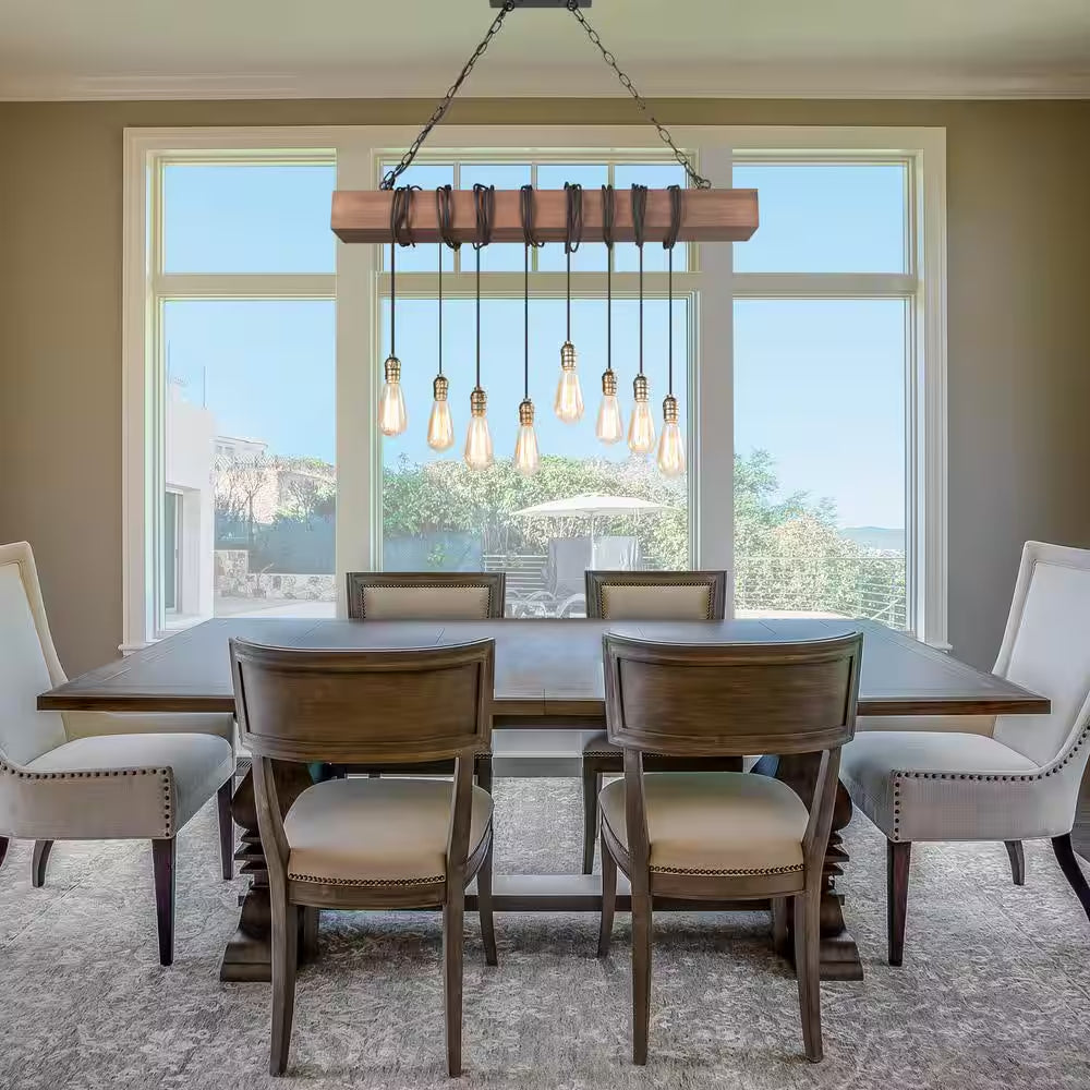 37.5 in 8-Light Farmhouse Black and Wooden Linear Chandelier Rustic Island Pendant for Dining Room, LED Compatible