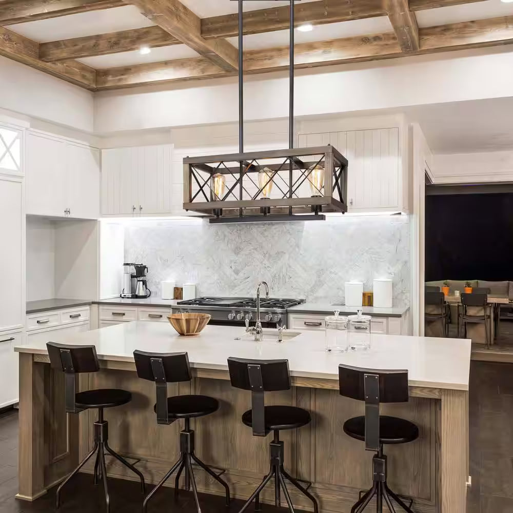 Farmhouse Wood 3-Light Black Chandelier Modern Rustic Linear Rectangle Cage Dining Room Kitchen Island Chandelier