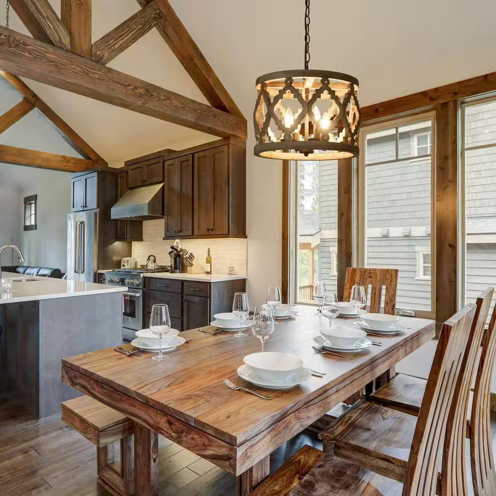 Rustic Bronze Farmhouse Drum Island Chandelier with Solid Wood Cage Shade Classic Candlestick Chandelier 4-Light Pendant
