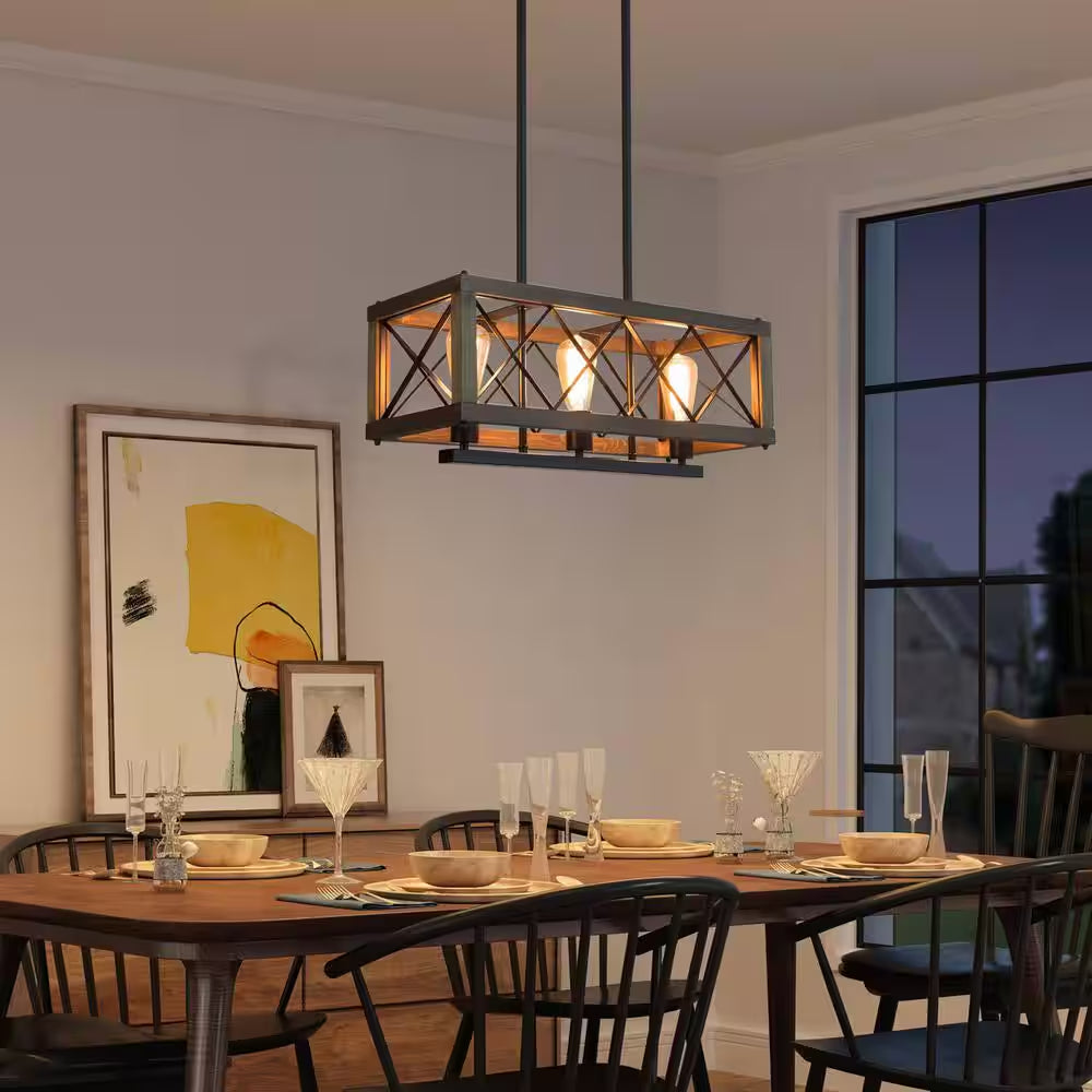 Farmhouse Wood 3-Light Black Chandelier Modern Rustic Linear Rectangle Cage Dining Room Kitchen Island Chandelier