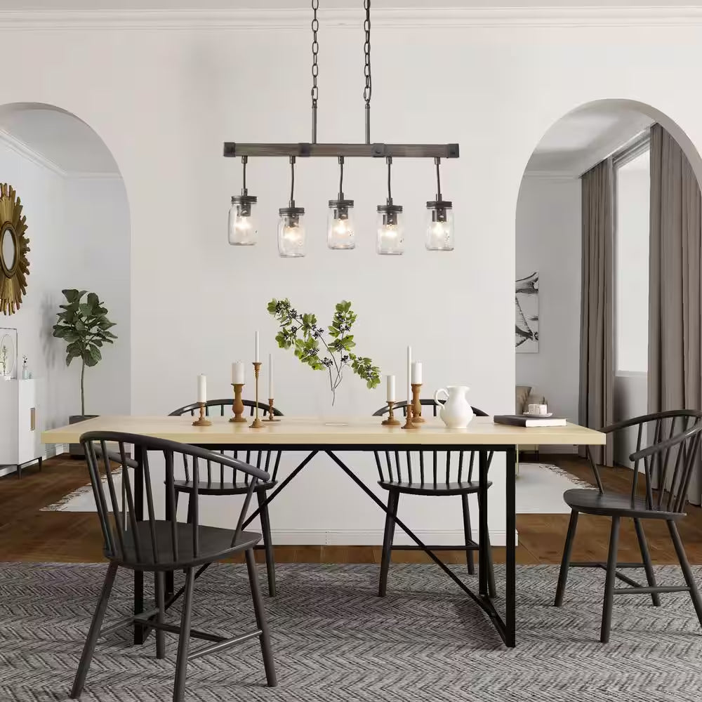 Morice Modern Farmhouse Linear Chandelier 5-Light Rustic Black Classic Mason Jar Island Pendant with Faux Wood Accent