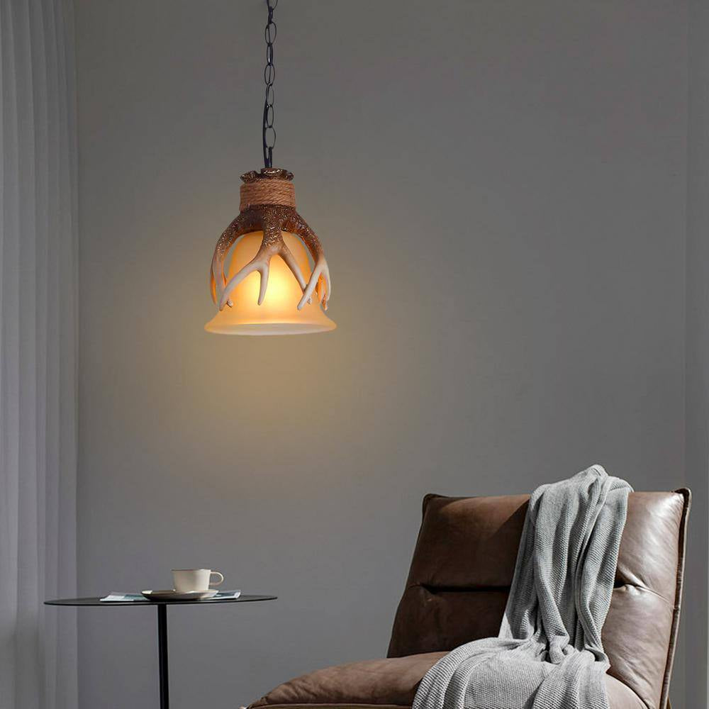 60-Watt 1 Light Brown Retro Resin Antler Pendant Light with Shade, No Bulbs Included