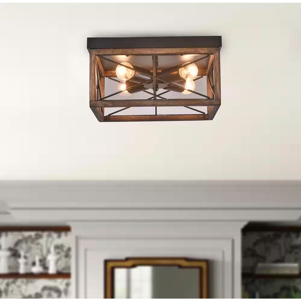 12.6 In. 4-Light Farmhouse Rustic Square Wooden Flush Mount Ceiling