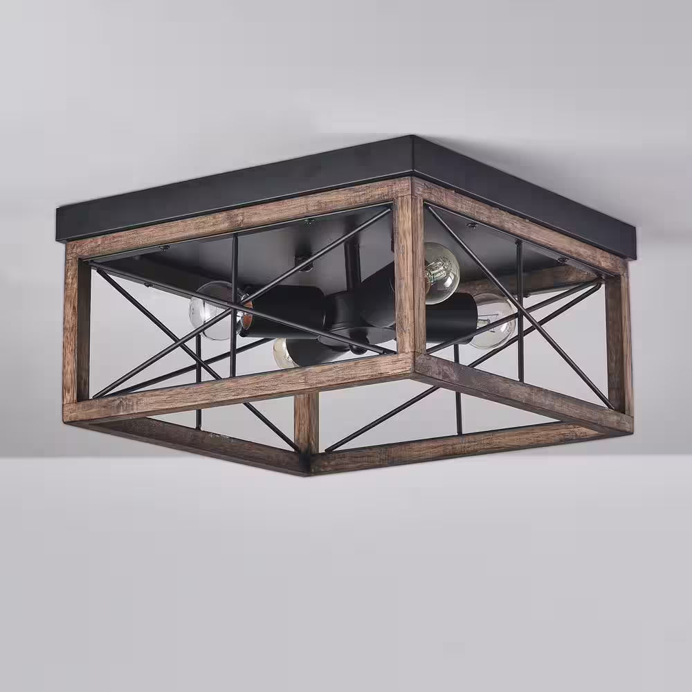 12.6 In. 4-Light Farmhouse Rustic Square Wooden Flush Mount Ceiling