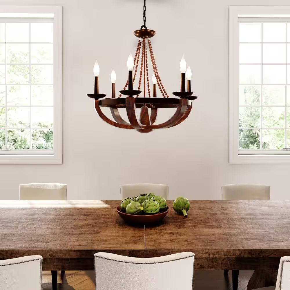 Adan 6-Light Rustic Iron/Burnished Wood Beaded Candlestick Hanging Chandelier with Carved Wood Bead Details