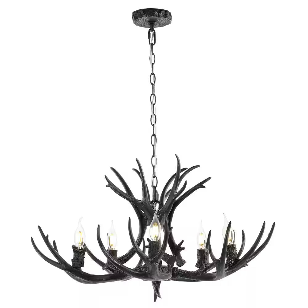 5-Light Black 30 In. Eldora Rustic Farmhouse Iron LED Chandelier
