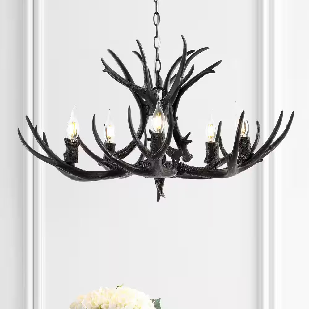 5-Light Black 30 In. Eldora Rustic Farmhouse Iron LED Chandelier