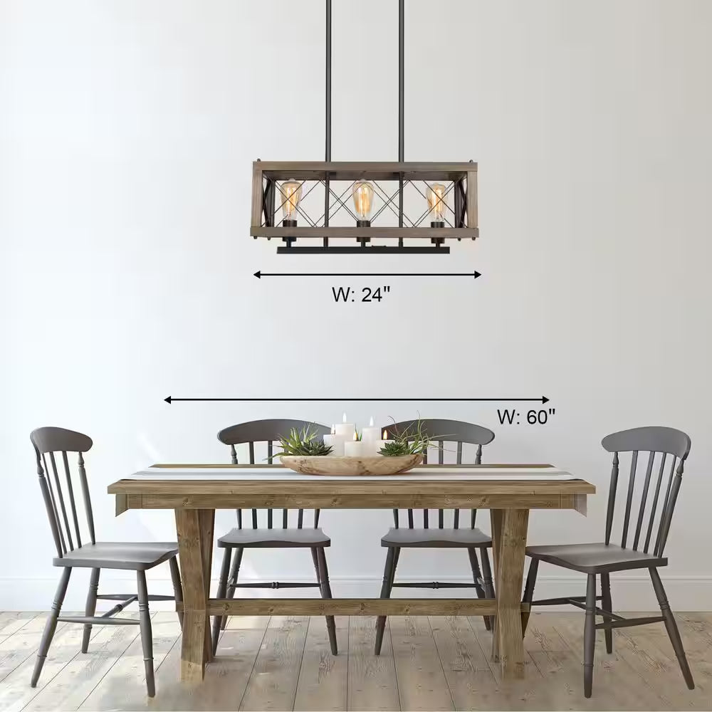 Farmhouse Wood 3-Light Black Chandelier Modern Rustic Linear Rectangle Cage Dining Room Kitchen Island Chandelier