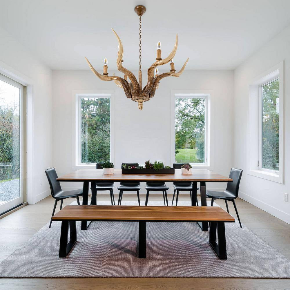 6-Light Brown Vintage Rustic Antler Chandelier with Adjustable Height for Living Room Dining Room, No Bulbs Included