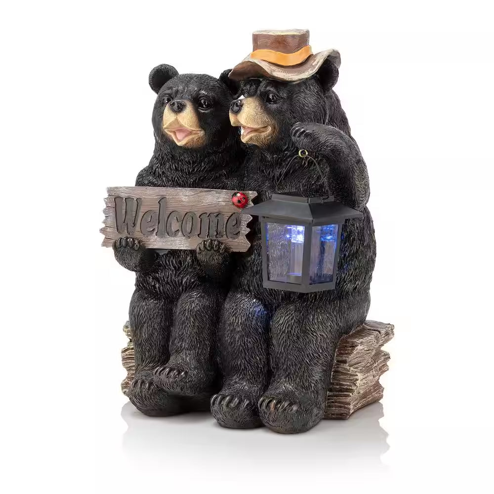 15 In. Tall Outdoor Bear Couple with Lantern and Welcome Sign Statue with Solar LED Light Yard Art Decoration