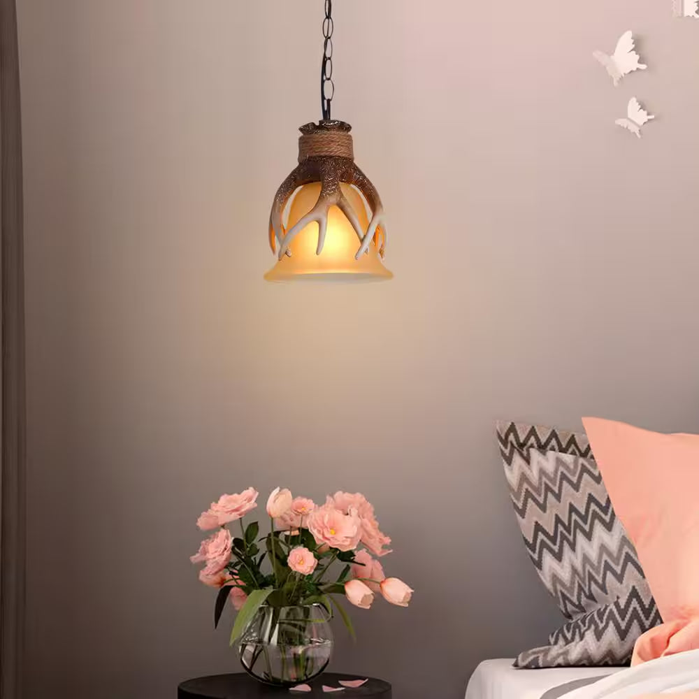 60-Watt 1 Light Brown Retro Resin Antler Pendant Light with Shade, No Bulbs Included