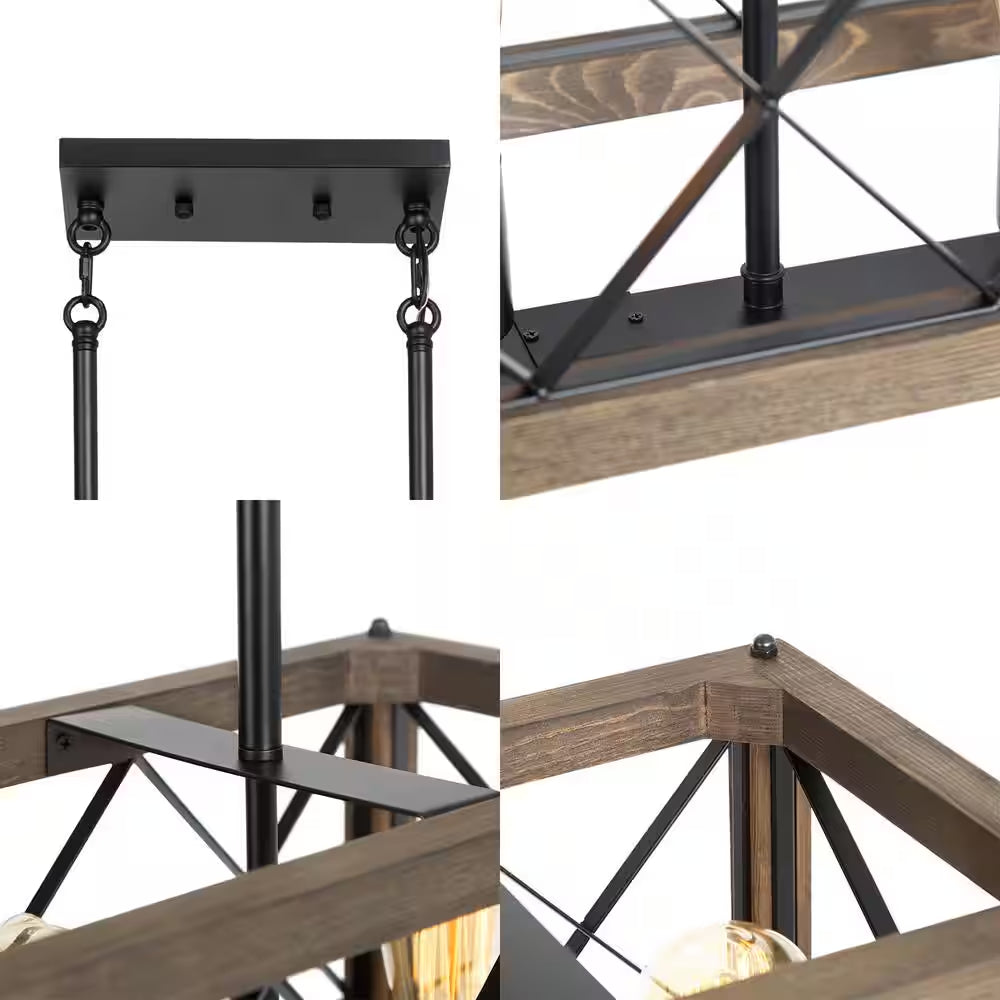 Farmhouse Wood 3-Light Black Chandelier Modern Rustic Linear Rectangle Cage Dining Room Kitchen Island Chandelier