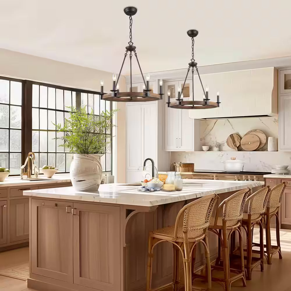 Farmhouse Wagon Wheel Chandelier, 6-Light Distressed Wood Circle Island Light, Rustic Bronze Dining Room Pendant Light