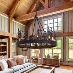 Lámpara colgante navideña de estilo rústico, de 76 cm y 8 luces, color negro mate, con diseño de alce y bosque para isla de cocina.