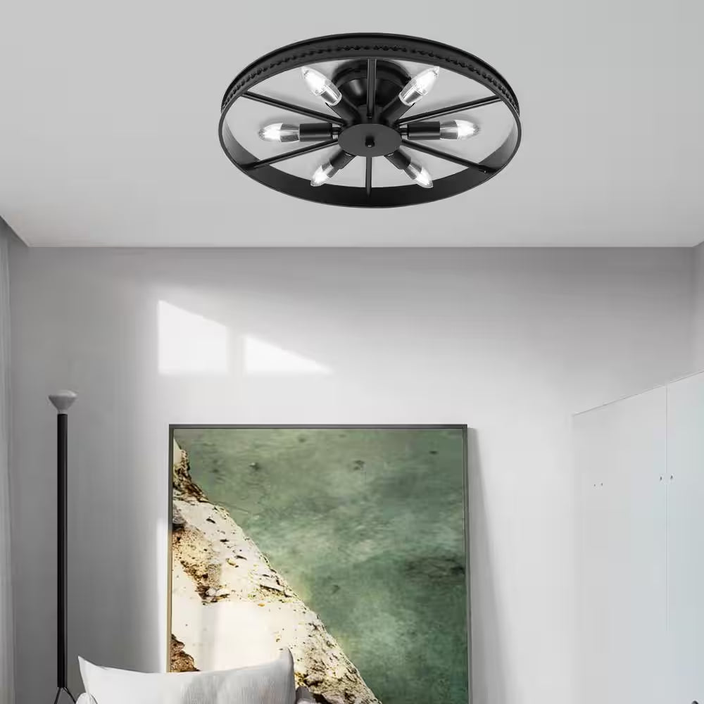 18 In. 6-Light Black Industrial Wagon Wheel Rustic Flush Mount Ceiling Light