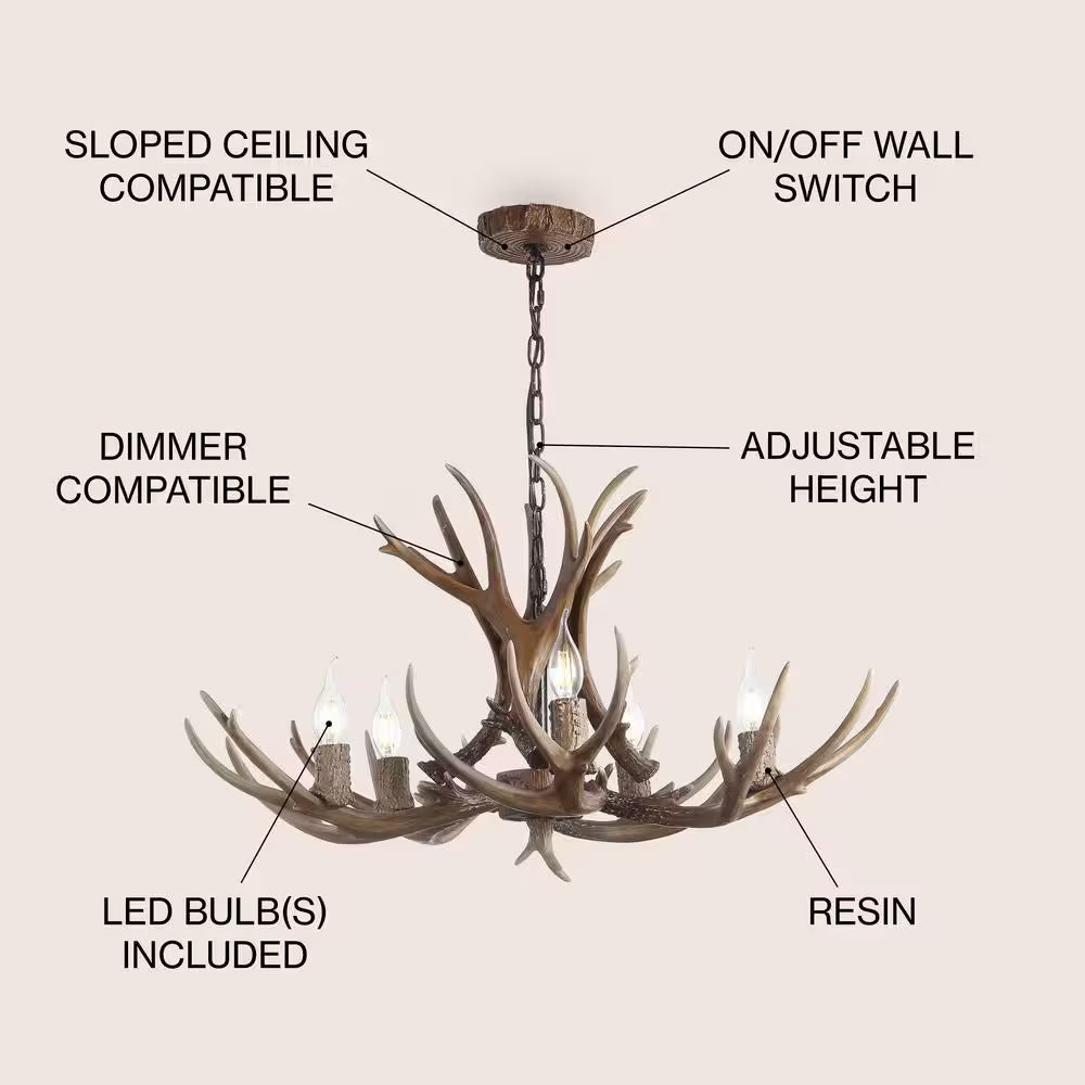 Eldora 30 In. Adjustable Resin Antler 5-Light Brown LED Chandelier