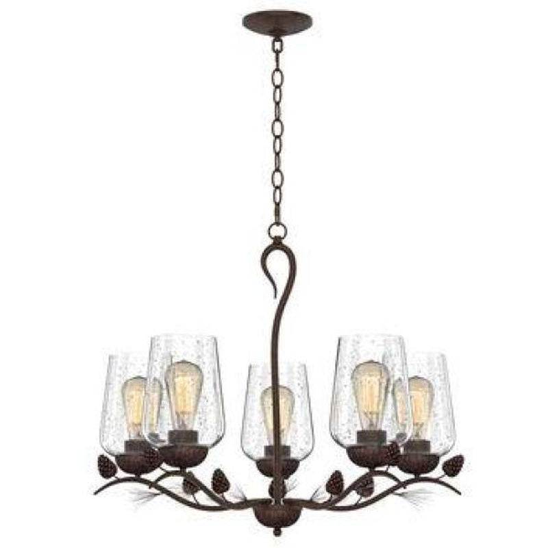 Spruce Lodge 5-Light Handmade Finish Pinecone Chandelier with Cear Seeded Glass Shade