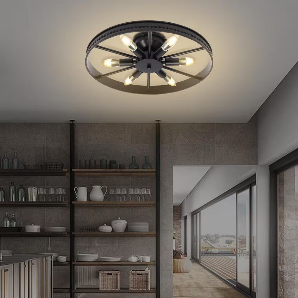18 In. 6-Light Black Industrial Wagon Wheel Rustic Flush Mount Ceiling Light