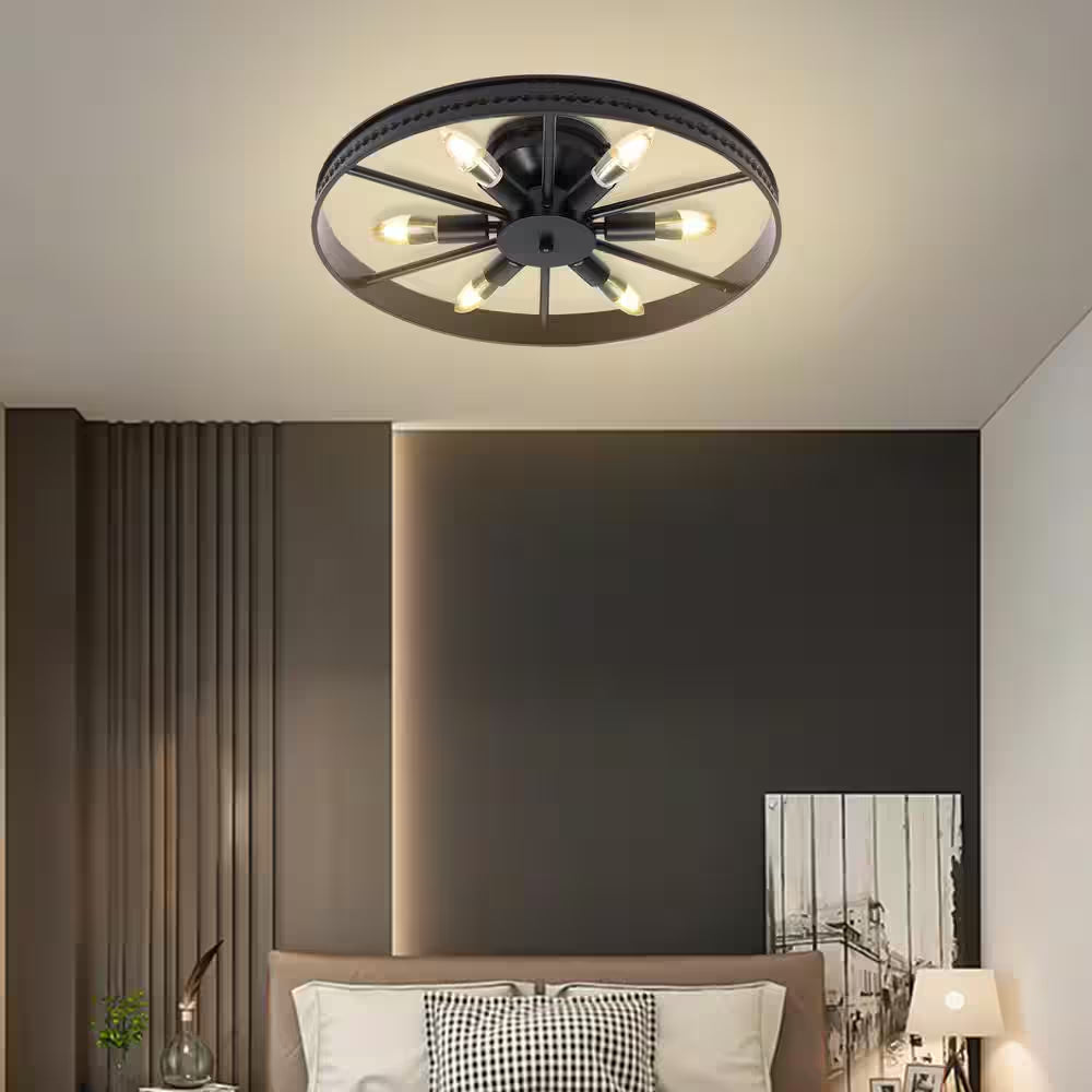 18 In. 6-Light Black Industrial Wagon Wheel Rustic Flush Mount Ceiling Light