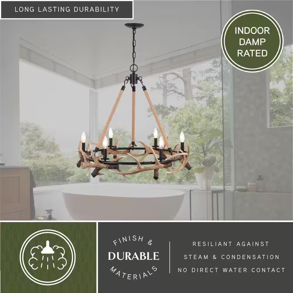 Breckenridge 6-Light Bronze Rustic Antler Chandelier Natural Rope Accent
