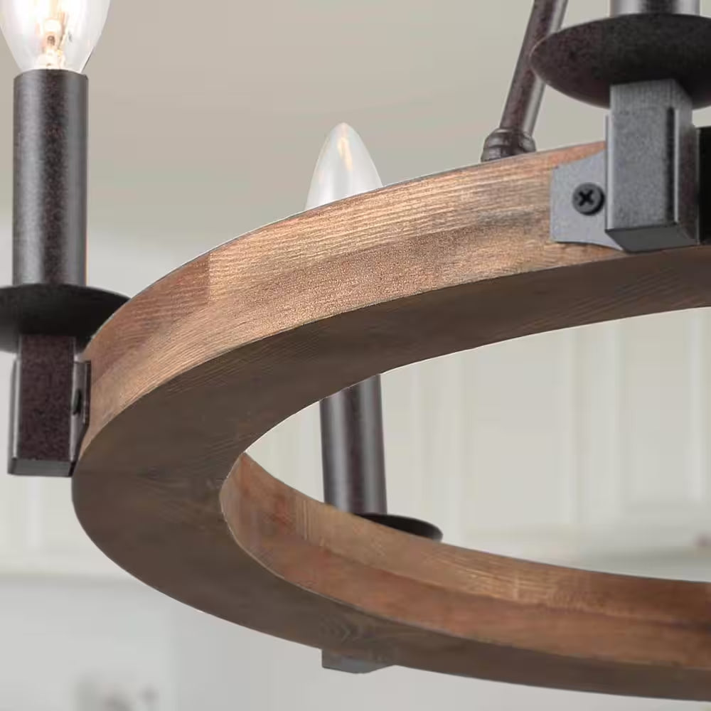 Farmhouse Wagon Wheel Chandelier, 6-Light Distressed Wood Circle Island Light, Rustic Bronze Dining Room Pendant Light