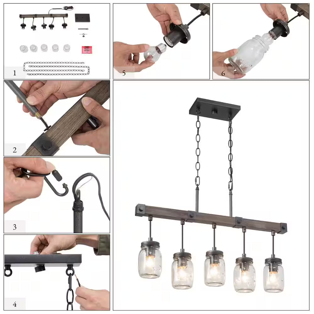 Morice Modern Farmhouse Linear Chandelier 5-Light Rustic Black Classic Mason Jar Island Pendant with Faux Wood Accent