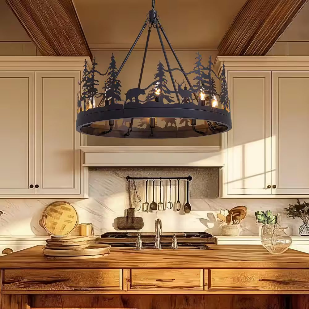 Christmas-Themed 30 In. 8-Light Matte Black Farmhouse Chandelier Pendant with Moose and Forest Design for Kitchen Island