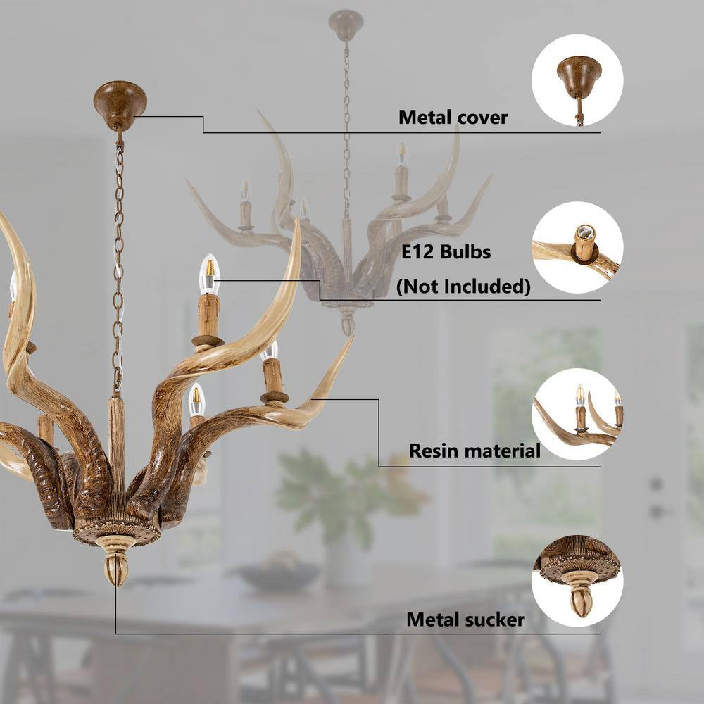 6-Light Brown Vintage Rustic Antler Chandelier with Adjustable Height for Living Room Dining Room, No Bulbs Included