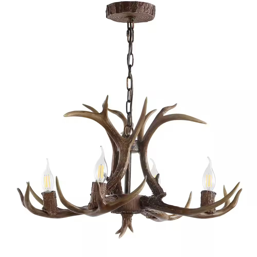 Eldora 26 In. Adjustable Resin Antler 4-Light Brown LED Chandelier
