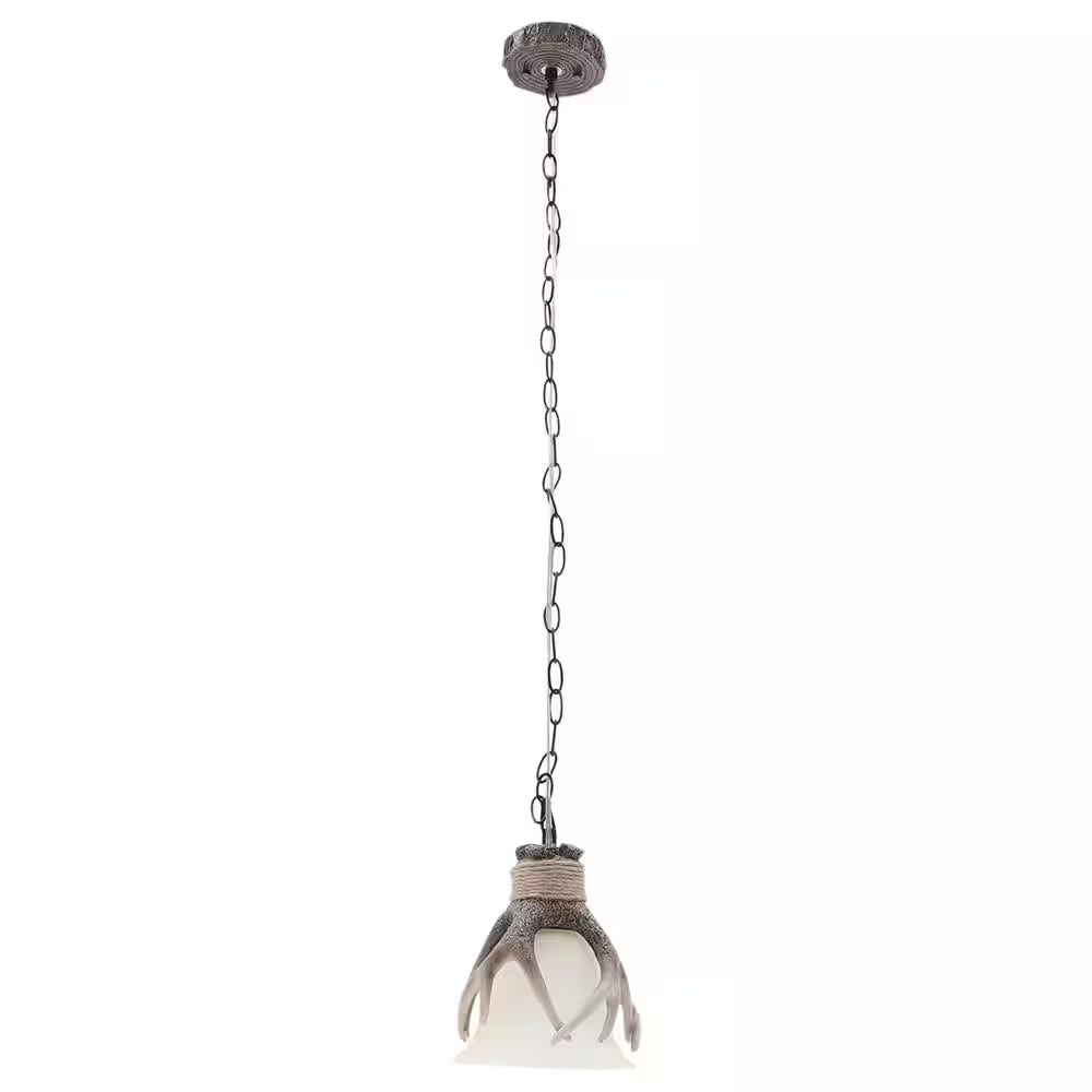 60-Watt 1 Light Brown Retro Resin Antler Pendant Light with Shade, No Bulbs Included