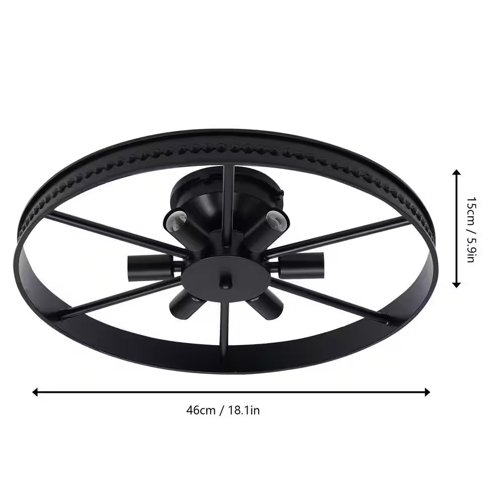 18 In. 6-Light Black Industrial Wagon Wheel Rustic Flush Mount Ceiling Light