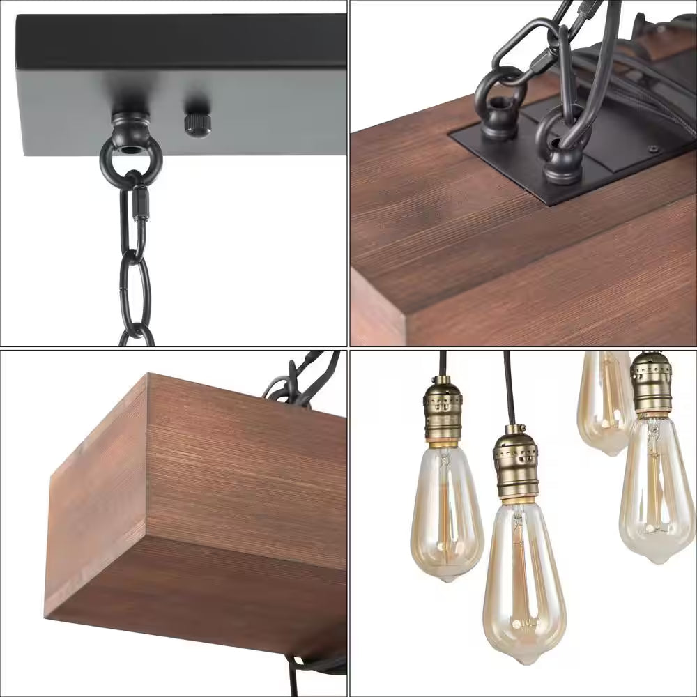 37.5 in 8-Light Farmhouse Black and Wooden Linear Chandelier Rustic Island Pendant for Dining Room, LED Compatible