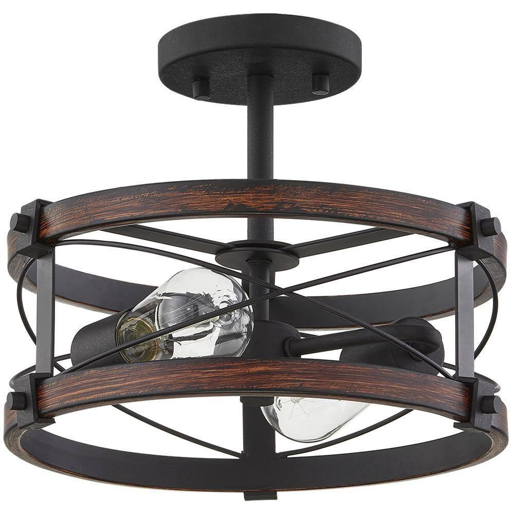 Richwood 15 In. 2-Light Black and Vintage Wood Rustic Semi-Flush Mount Ceiling Light