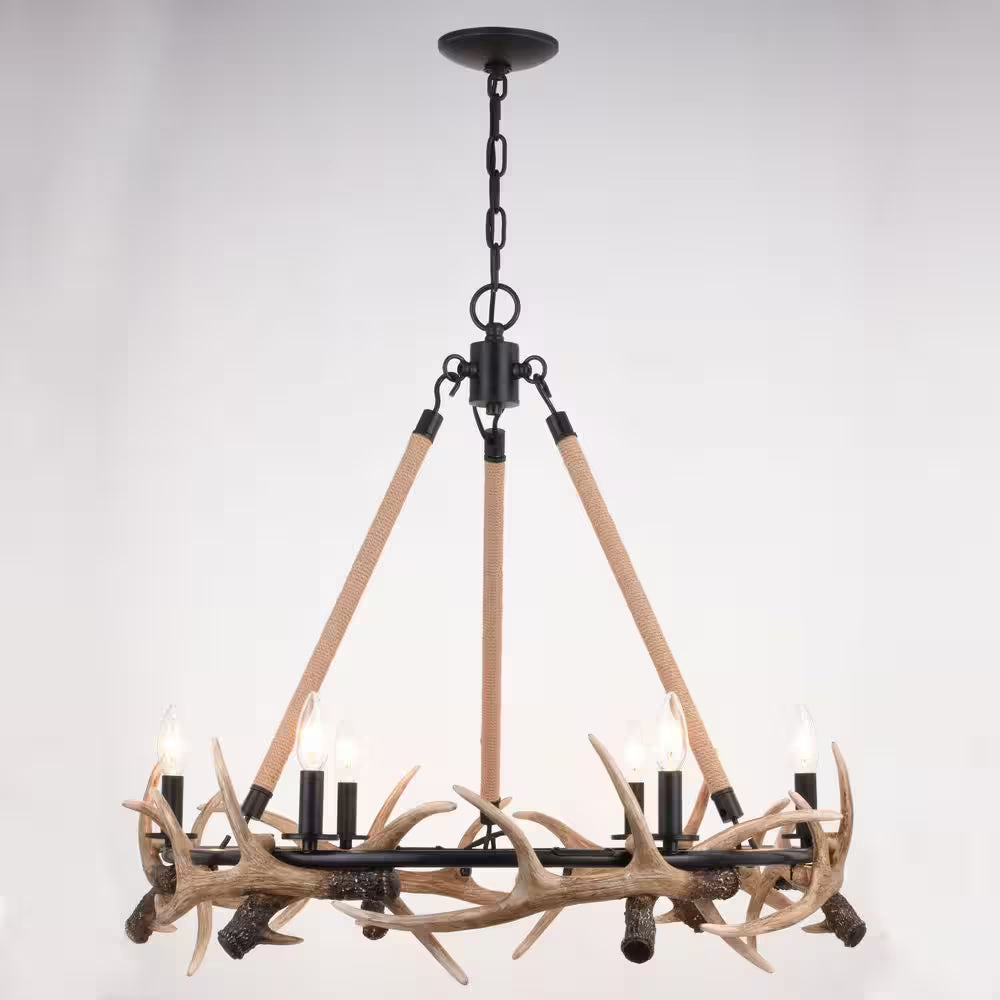 Breckenridge 6-Light Bronze Rustic Antler Chandelier Natural Rope Accent