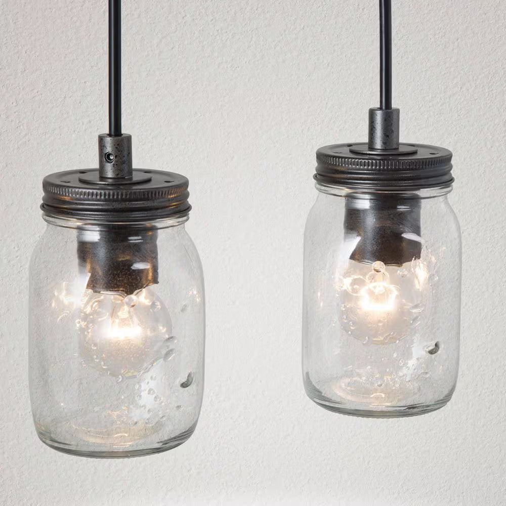 Morice Modern Farmhouse Linear Chandelier 5-Light Rustic Black Classic Mason Jar Island Pendant with Faux Wood Accent
