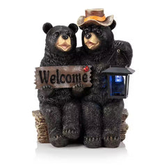 Estatua de pareja de osos de 15 pulgadas de alto con linterna y letrero de bienvenida para exteriores con luz LED solar, decoración artística para jardín
