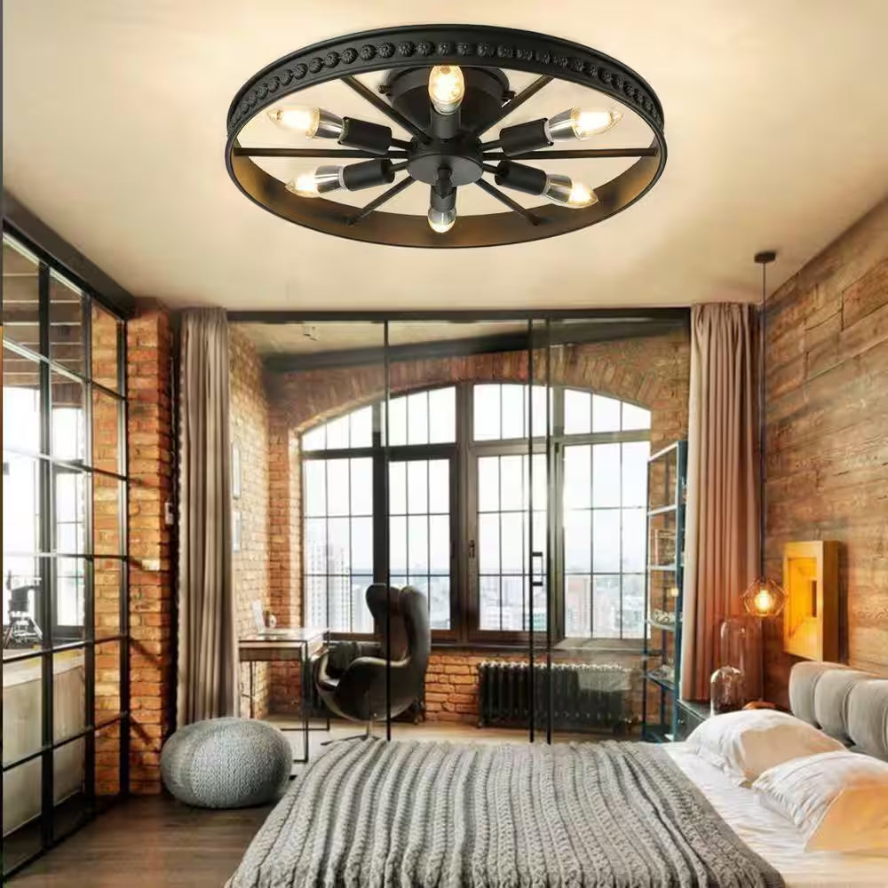 18 In. 6-Light Black Industrial Wagon Wheel Rustic Flush Mount Ceiling Light